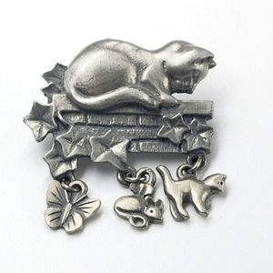 VTG LCD Pewter Cat Dangle Charms Lapel Pin Kitten Mouse Butterfly Animal Jewelry